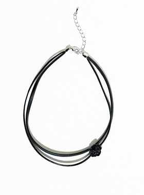 玫瑰花双层黑色PU皮绳项