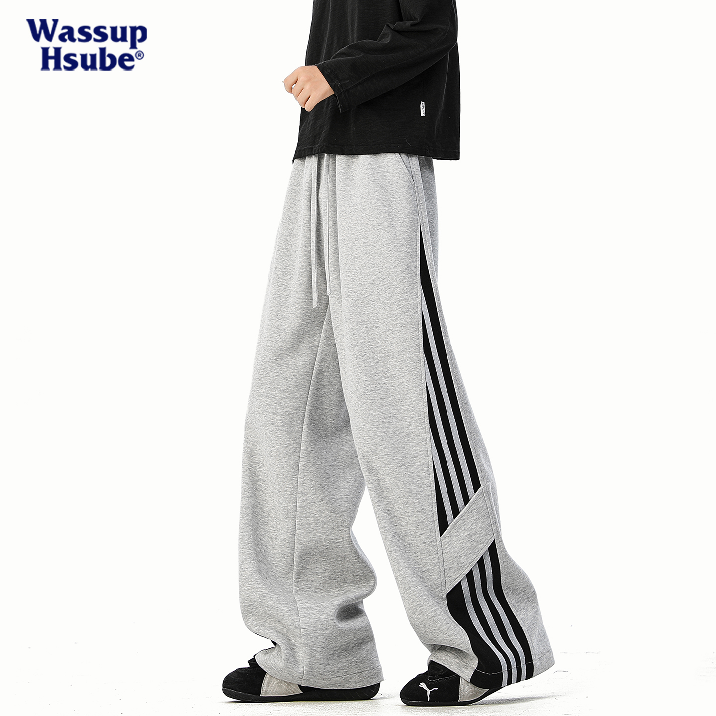 复古条纹拼接休闲裤男