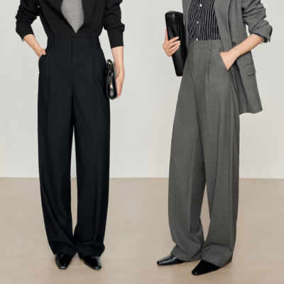 【满分通勤】精纺羊毛深灰色西装裤女老钱风窄版阔腿休闲西裤6003