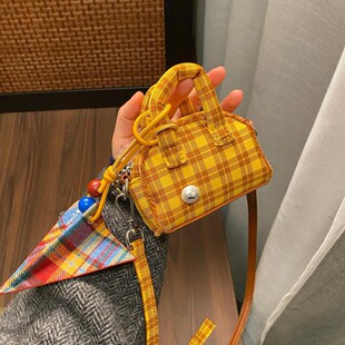 黄色格纹迷你斜挎包耳机包零钱包春夏可爱ins女手提包潮 2025新款