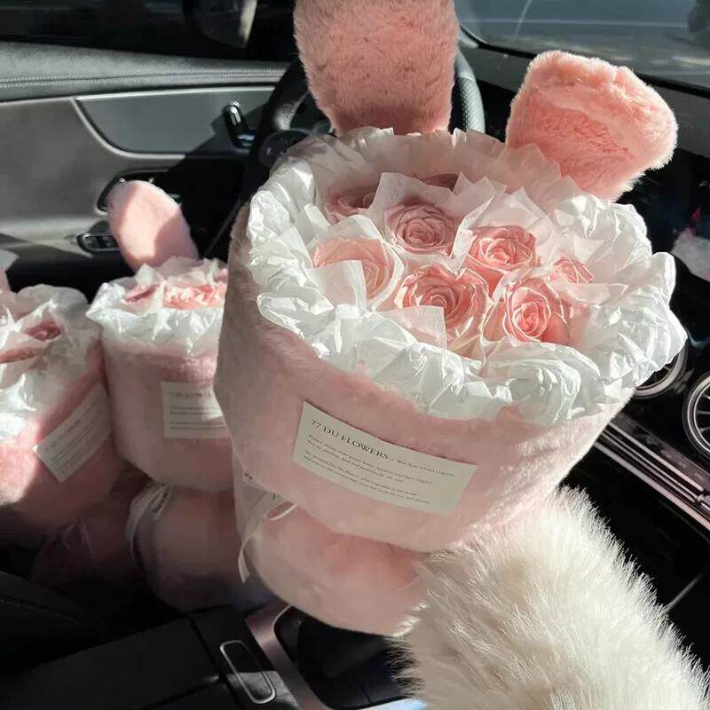 创意圣诞节玫瑰花束仿真花兔子发箍香皂花永生花送女友生日礼物
