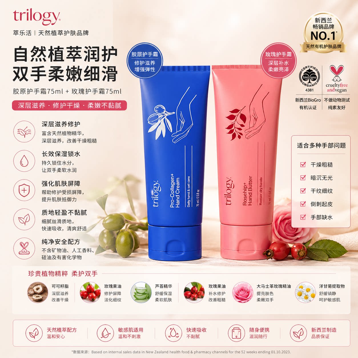 萃乐活Trilogy玫瑰果油护手霜/胶原蛋白嫩肤手霜滋润修复