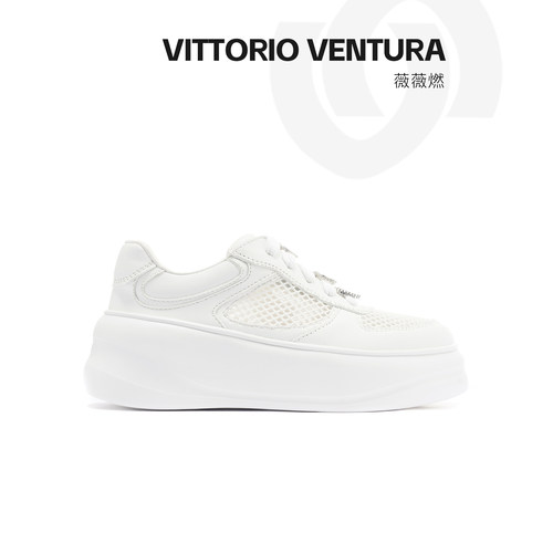 李小冉同款VITTORIO VENTURA薇薇燃 牛皮网面增高厚底小白鞋