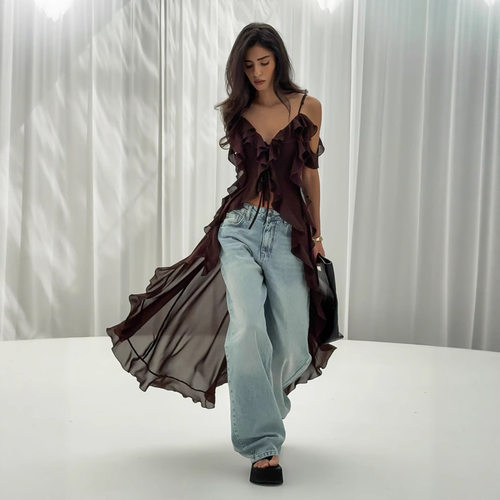 Solid color V-neck slit lace dress 女士纯色V领开衩花边连衣裙