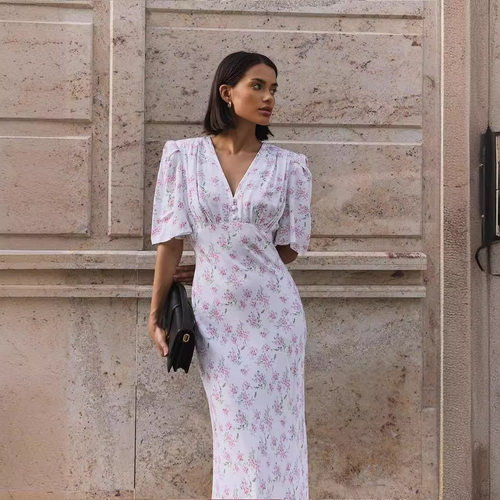 Printed V-neck short sleeved dress 女士印花V领短袖宽松连衣裙