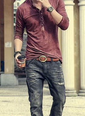 Vintage V-neck placket casual long sleeve复古V领开襟休闲长袖