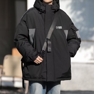 日系连帽棉服男冬季 加厚保暖潮流宽松青少年棉衣黑色休闲夹克外套