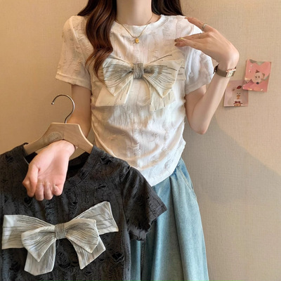 蝴蝶结灰色正肩短袖t恤衫女夏季2025新款设计感小众短款修身上衣