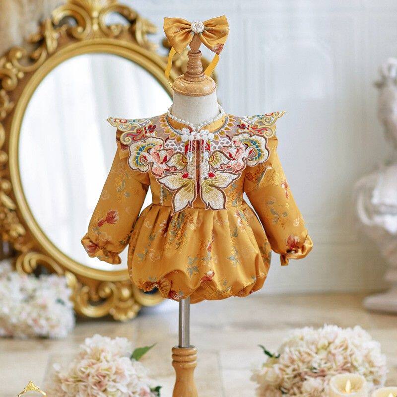 周岁女宝宝抓阄礼服黄色中式唐装包屁服高端小童婴儿生日抓周衣服
