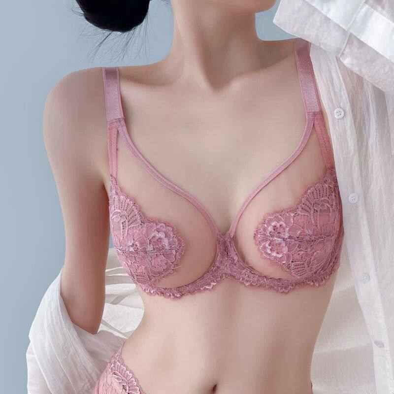 粉色内衣女薄款大胸显小套装聚拢全罩杯收副乳防下垂上托大码文胸