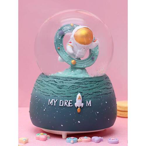 异时空宇航员彩灯飘雪花旋转玻璃水晶球音乐盒儿童男女孩生日礼物