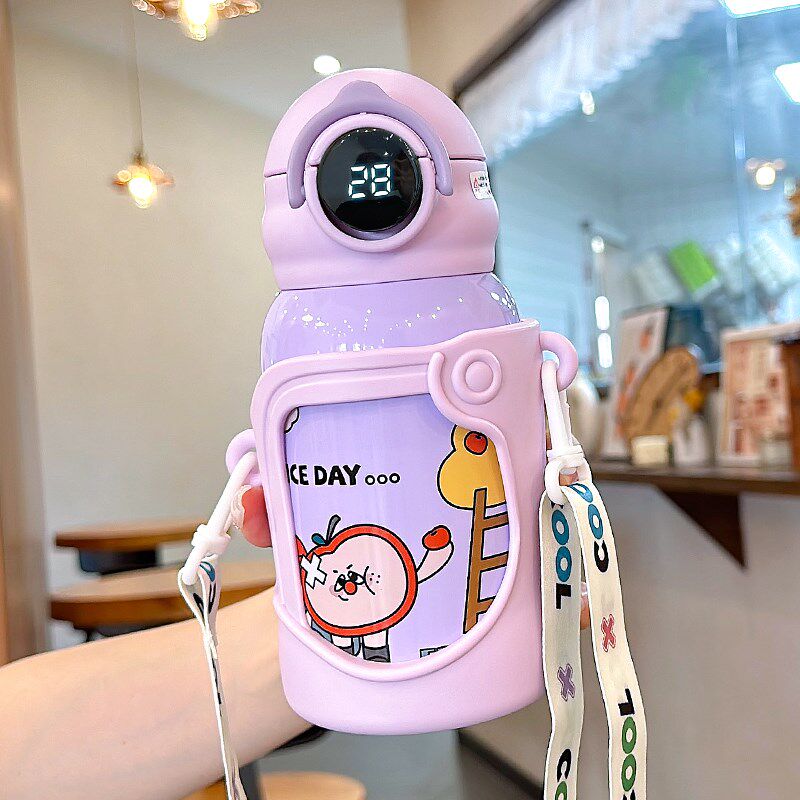 儿童显温保温杯男女孩上学专用吸管水杯带杯套防摔幼儿园水壶杯子