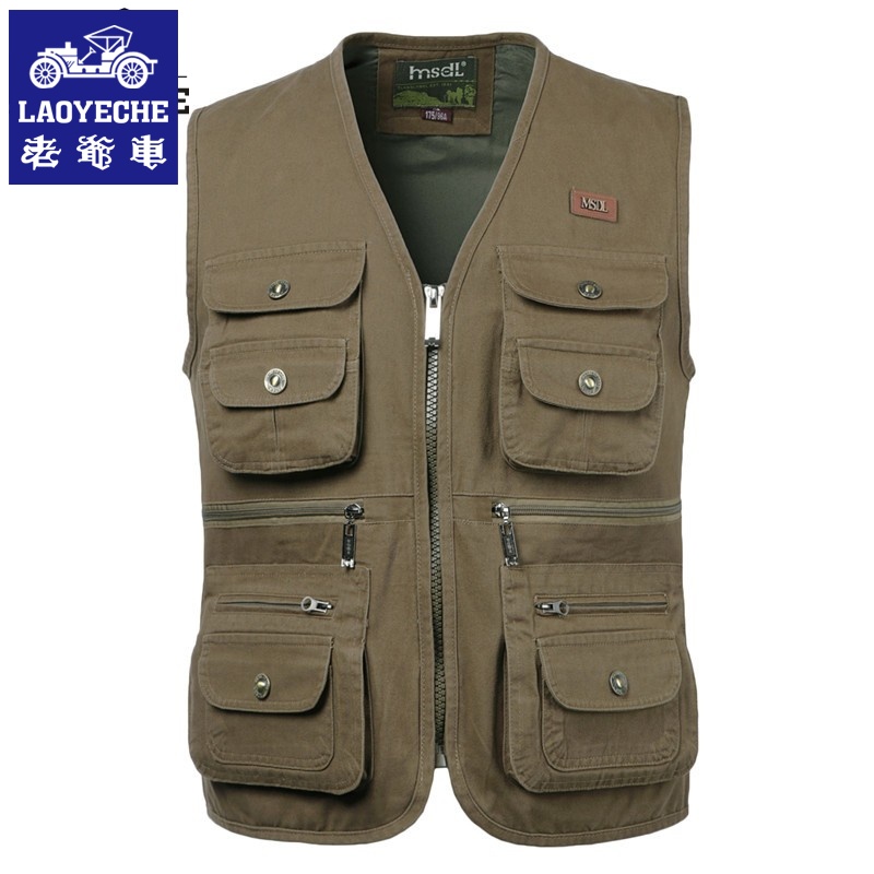 老爷车春秋纯棉户外男士马甲钓鱼摄影登山背心工装多口袋马夹外套