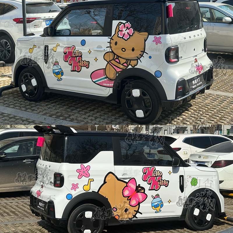 适用于吉利熊猫MINI卡丁车贴熊骑士KT凯蒂猫改装饰车身两侧贴纸