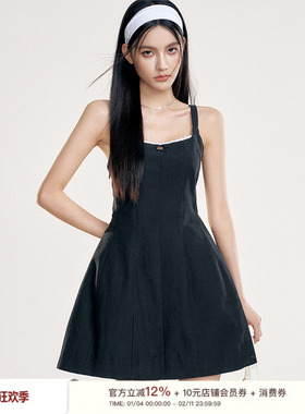 Liilou  Balletcore 露背绑带设计 撞色花边方领吊带黑色连衣裙