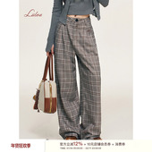 复古格纹 压褶设计 高腰阔腿休闲西装 Liilou 长裤