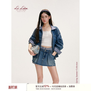 翻领拉链夹克牛仔外套短半裙套装 Liilou 格纹拼接 复古学院 26ss