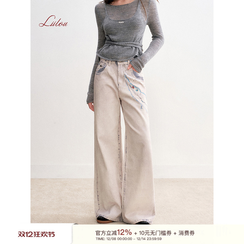 100%棉定位腰链印花阔腿牛仔裤