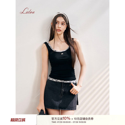 格纹网纱撞色叠穿真两件背心上衣