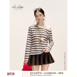 26ss T恤云朵衫 软糯触感 复古斜肩宽松长袖 撞色毛绒条纹 Liilou