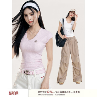 正肩打底内搭小V领基础短袖 炒雪花纹理 T恤 cleanfit Liilou