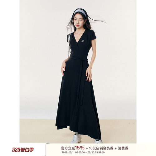 Liilou  柔软天丝 Athflow V领系带收腰A字长款短袖连衣裙