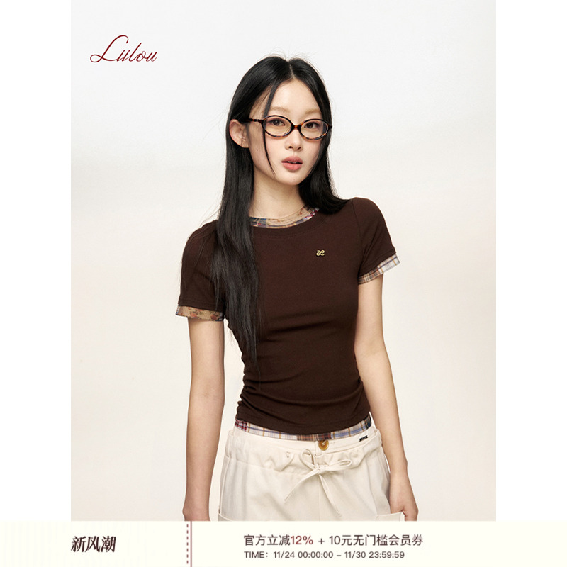 复古网纱格纹拼接短袖T恤