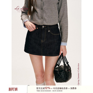 格纹包边 Liilou jeans retro 水洗牛仔高腰直筒微A短半裙 26ss