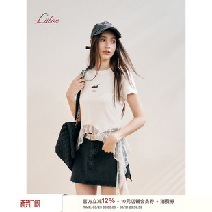 不规则蕾丝飘带正肩短袖 手绘腊肠狗 T恤 Liilou 艾米同款