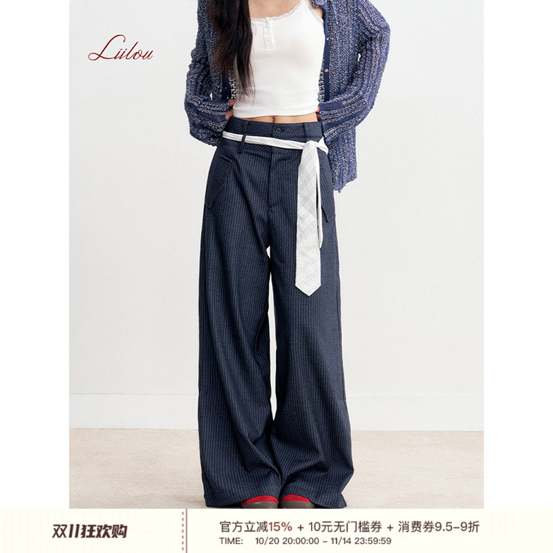 双腰头细条纹高腰休闲阔腿裤