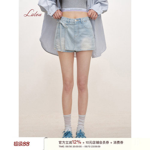蕾丝拼接口袋不规则绑带牛仔短裤