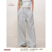李晟同款 棉串珠度假风慵懒条纹休闲阔腿裤 Liilou 松弛感