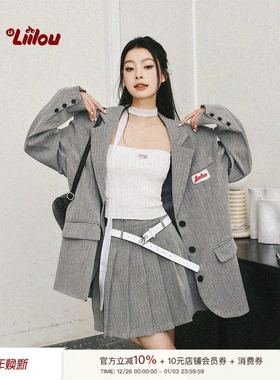 文咏珊同款 Liilou 灰色竖条纹西装百褶半裙套装盐系高级学院风