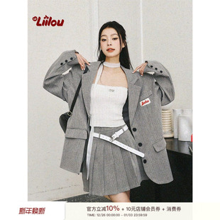 百褶半裙套装 灰色竖条纹西装 盐系高级学院风 Liilou 文咏珊同款