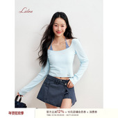 针织衫 Liilou 假两件挂脖系带修身 长袖 知识分子 条纹拼接