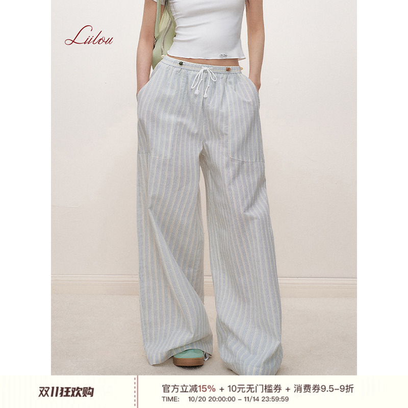 100%棉棉串珠度假条纹休闲长裤