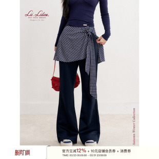 格纹搭片绑带拼接腰头微喇卫裤 真两件 慵懒松弛 Liilou