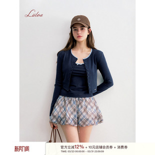 开衫 艾米同款 撞色领长袖 格纹拼接 外套背心两件套 Liilou