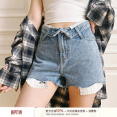 夏 女新款 Liilou 翻腰刺绣口袋外露设计感A字牛仔短裤