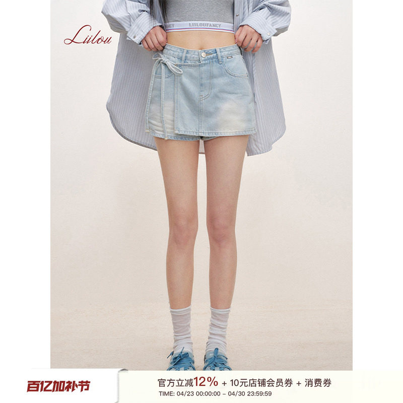 Liilou  retro jeans 蕾丝拼接口袋 不规则绑带搭片牛仔短裤