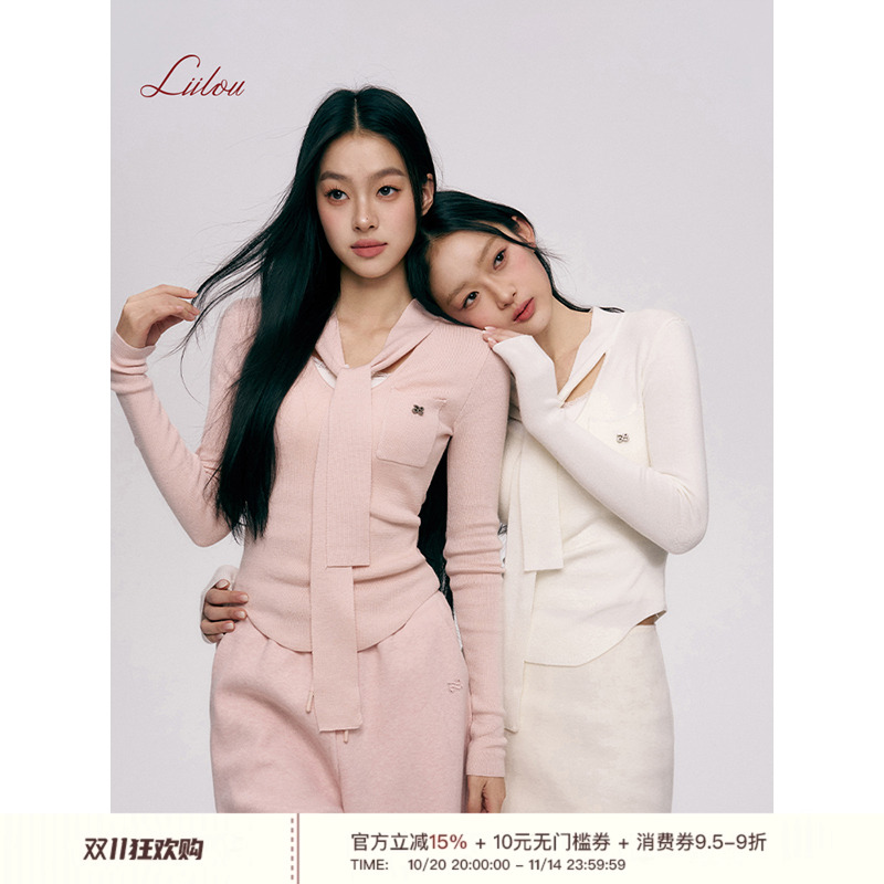 V领绑带针织长袖打底上衣