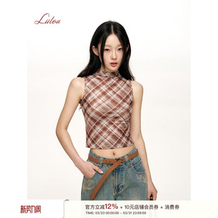 半高领格子修身 网纱面料 打底背心 洋裁格纹 Liilou