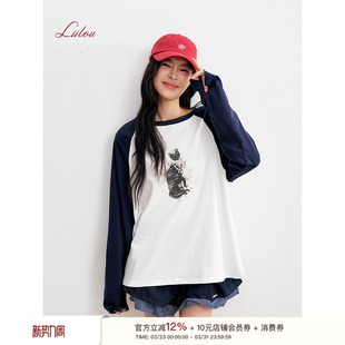 T恤云朵衫 卢昱晓同款 趣味撞色插肩印花宽松长袖 手绘猫咪 Liilou