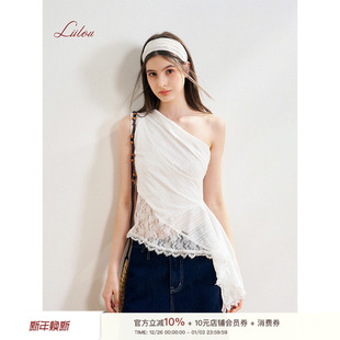 不规则蕾丝花边拼接白色斜肩背心 25ss 姚晓棠张月同款 Liilou