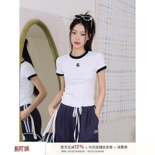 短袖 显瘦短款 刺绣小标圆领T恤女 黑白撞色修身 Liilou