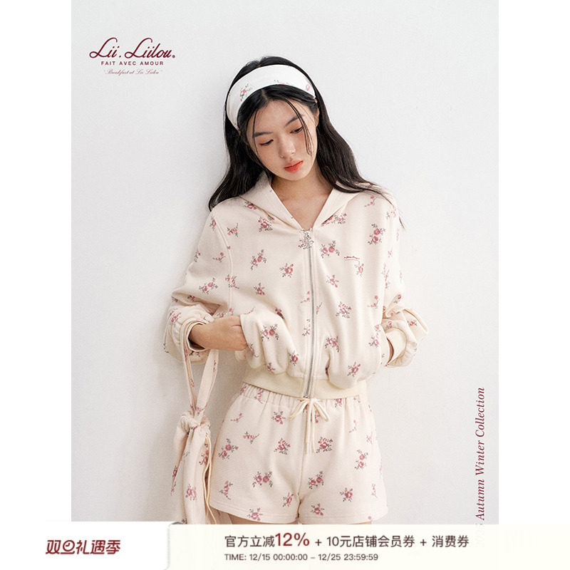 碎花连帽长袖卫衣短裤套装