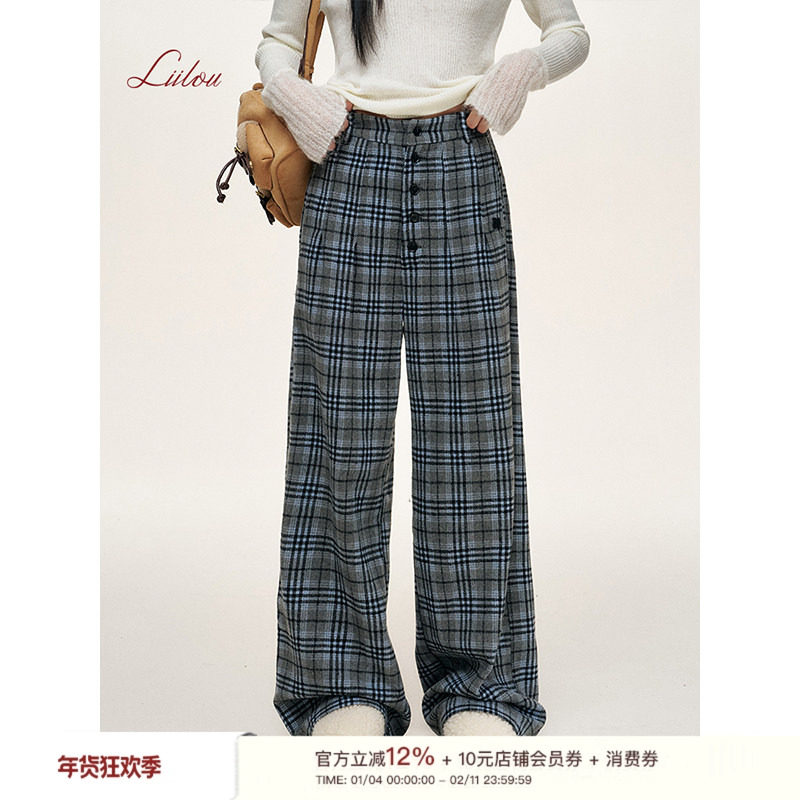 Liilou 洋裁格纹 撞色长排扣复古百搭阔腿直筒毛呢休闲长裤秋冬,女装/女士精品,休闲裤,淘宝优惠券,粉丝福利购,淘宝优惠卷
