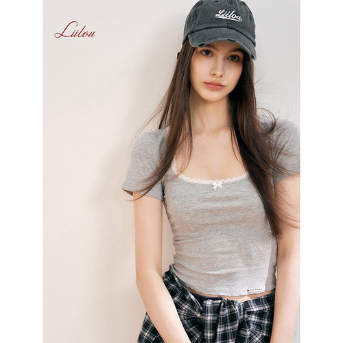 陈瑶同款Liilou  法式蕾丝花边 蝴蝶结方领正肩修身短袖T恤