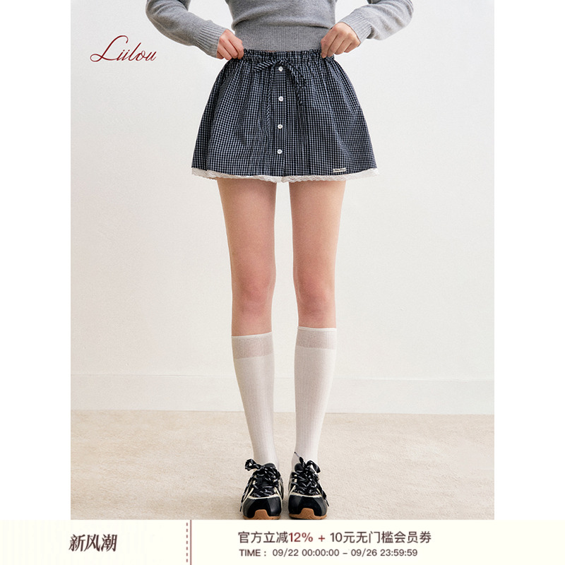Liilou 25aw preppy style 蕾丝拼接 100%棉蕾丝拼接格纹A字半裙