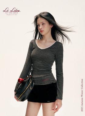Liilou 26ss Geek chic 撞色条纹 绒感蕾丝拼接修身V领长袖打底衫